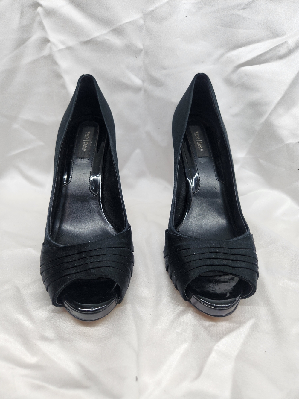 White House Black Market Black Peep-Toe Pleated Satin Heels